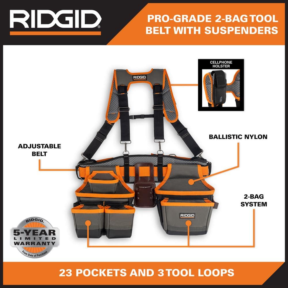 29 in. 23 Pocket Professional Grade 2-Bag Suspension Rig Work Tool Belt with Suspenders - Hercitys