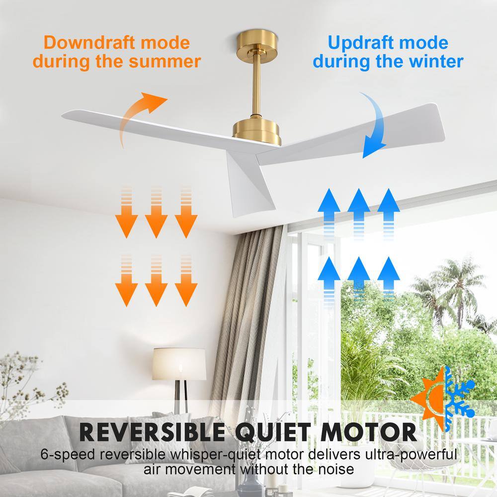 52 in. 3-Blades 6 Fan Speeds Matte Gold and White Ceiling Fan Without Light - Hercitys