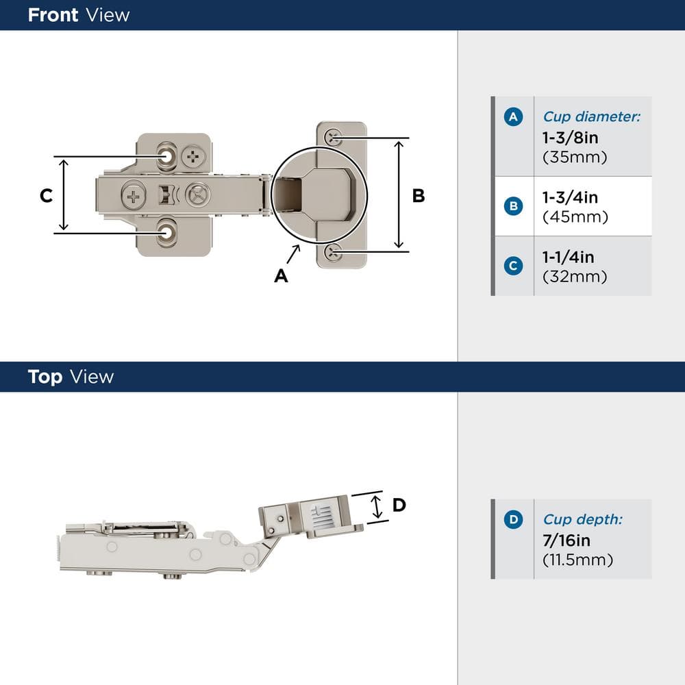 2-Pack Nickel Full Overlay Frameless Self Close Euro Concealed Cabinet Hinges - Hercitys