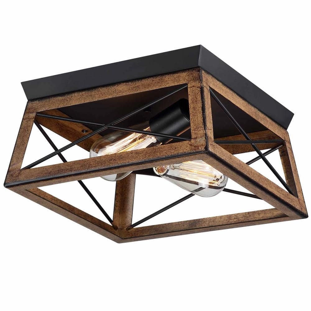 2-Light Barnwood Matte Black Flush Mount Ceiling Light Farmhouse Rustic Rectangle - Hercitys