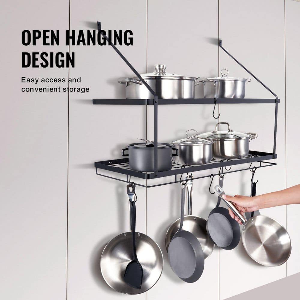 30 in. Black Wall Mounted Pot Rack with 12 S Hooks, 2-Tier Pot and Pan Hanging Rack - Hercitys