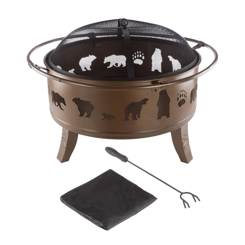 32 in. W x 25 in. H Round Steel Wood Burning Outdoor Deep Fire Pit in Antique Gold with Bear Cutouts - Hercitys