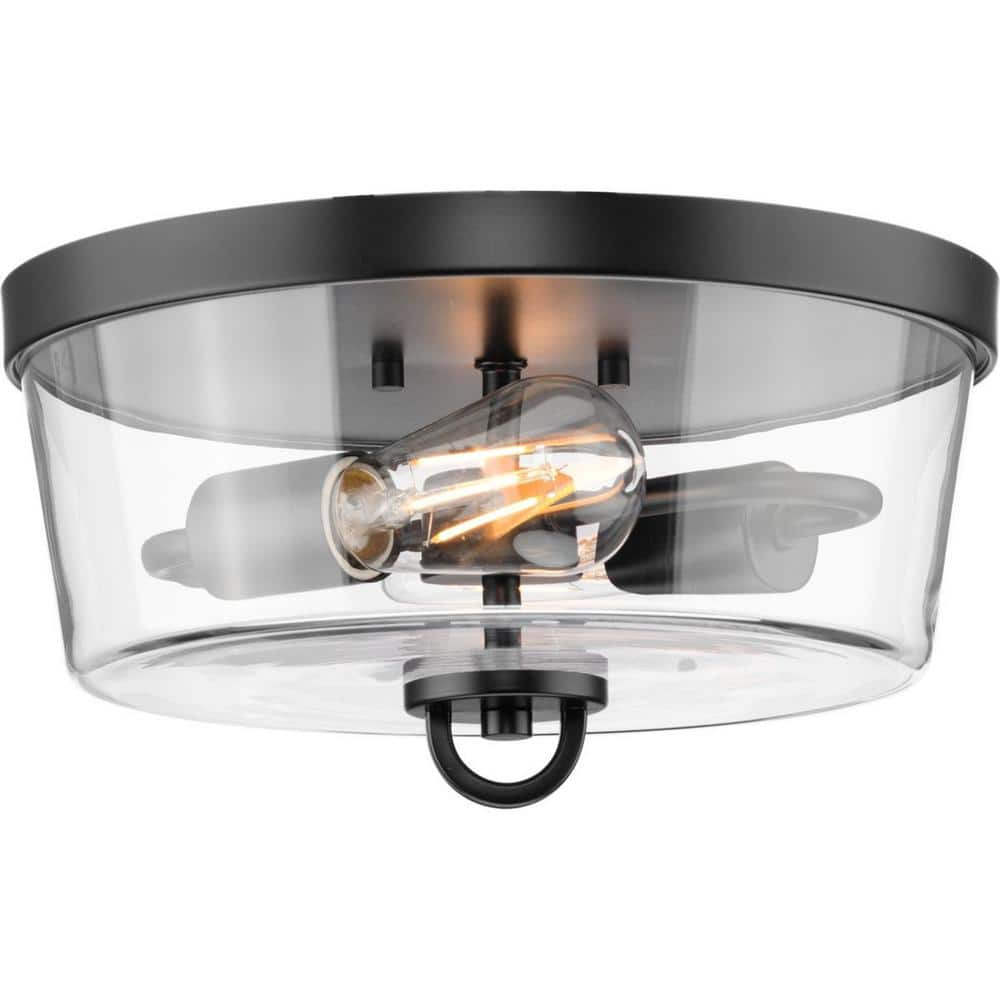 12 in. 60-Watt Huntscroft Collection 2-Light Matte Black No Bulbs Included Flush Mount with Clear Glass Shade - Hercitys