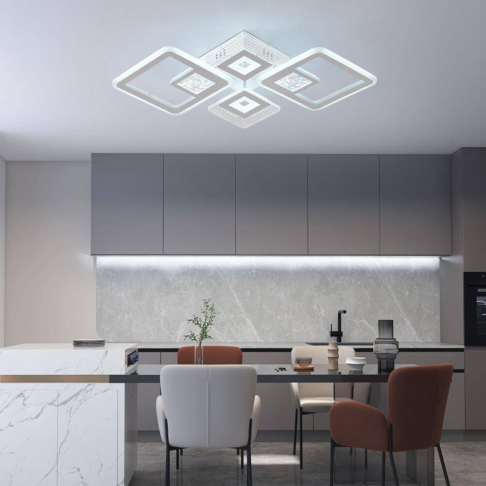 28.34 in. 1-Light White Modern Geometric Design Dimmable Selectable LED Semi-Flush Mount Ceiling Light with Remote - Hercitys