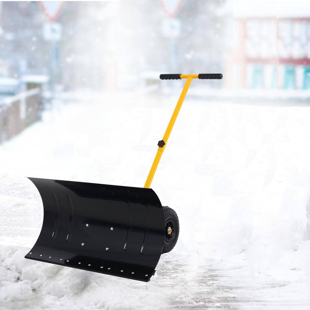 15 in. Steel Angle-Adjustable Handle Steel Heavy-Duty Snow Shovel Rolling Pusher with 29 in. Blade, 10 in. Wheels - Hercitys