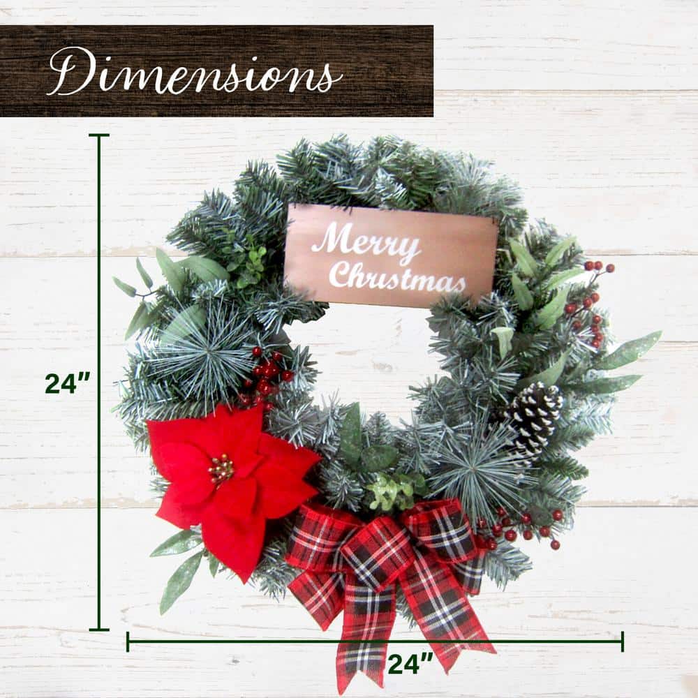 24 in. Artificial Christmas Wreath with a Poinsettia Bloom, Bow, and Merry Christmas Wooden Sign - Hercitys