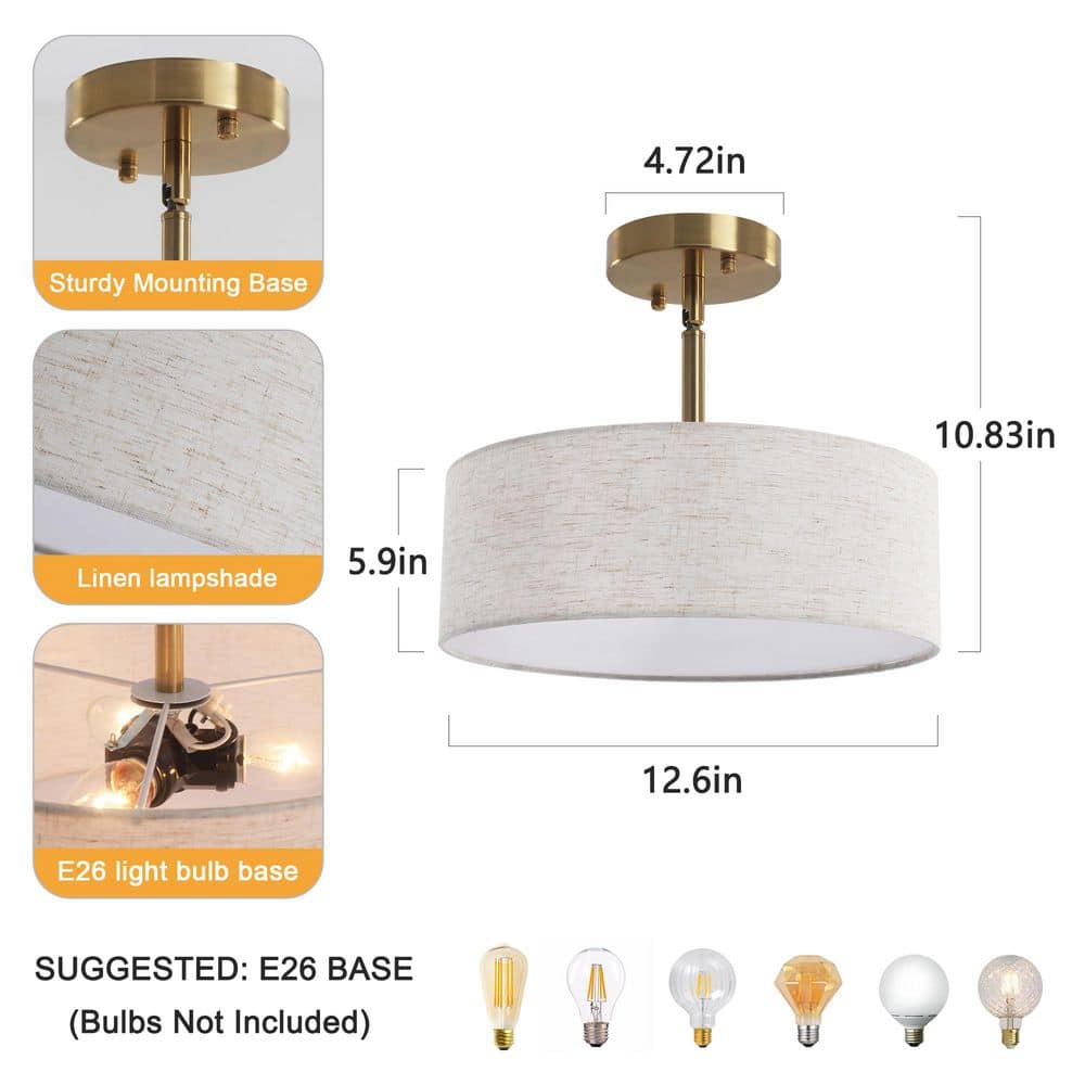 12.6 in. 3-Light Gold Farmhouse Drum Semi-Flush Mount Light with Linen Cover - Hercitys