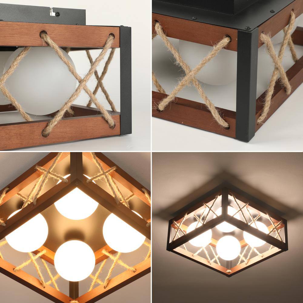 16 in. 25-Watt Farmhouse Rustic Square Wood Dimmable LED Flush Mount Ceiling Light with Acrylic Shatterproof Shade - Hercitys