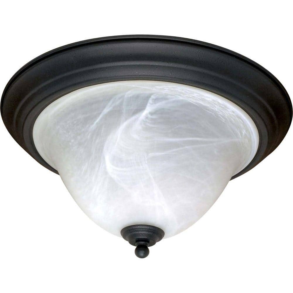 2-Light Textured Flat Black Flush Mount with Alabaster Swirl Glass - Hercitys