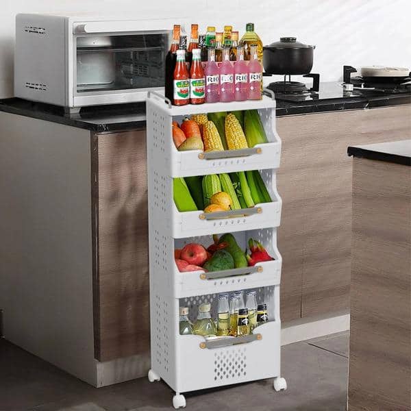 4-Tier White Heavy Duty Plastic Rolling Mobile Storage Utility Kitchen Cart with Wheels for Spice, Condiments - Hercitys