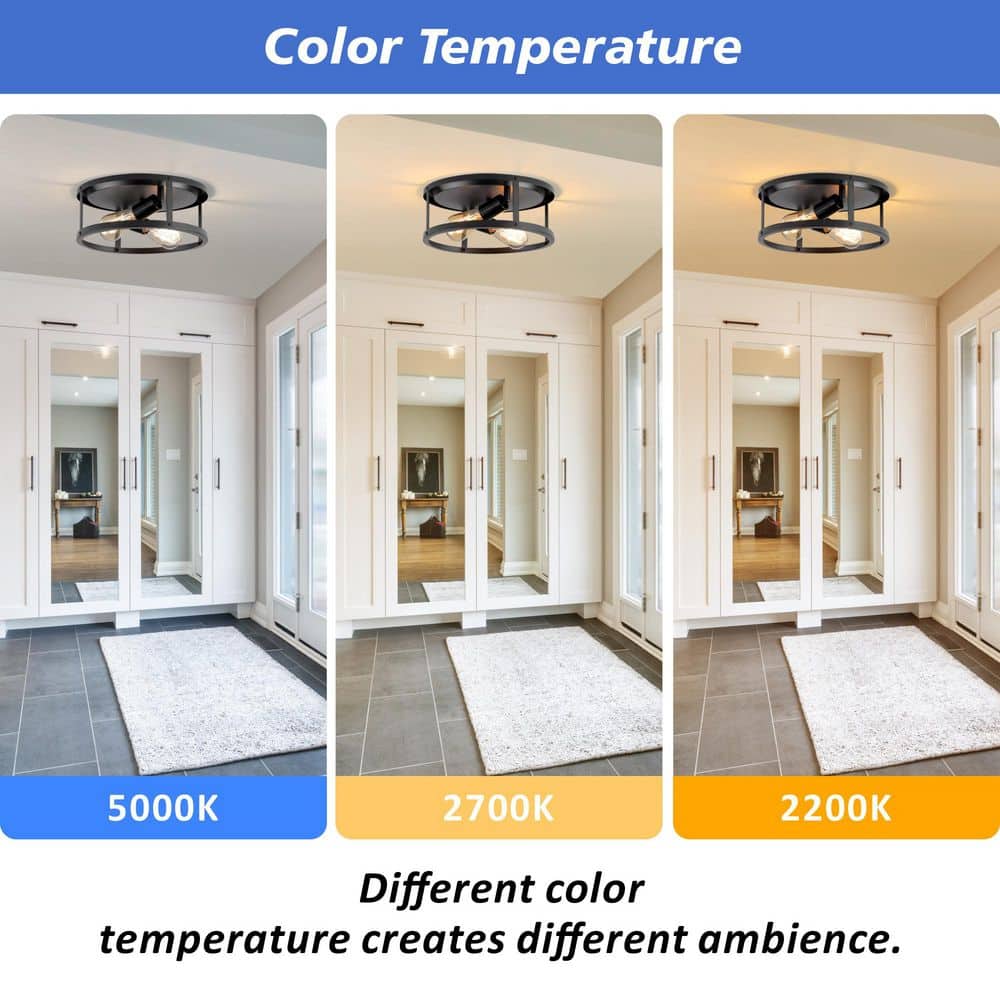 12.7 in. 2-lights Matte Black Flush Mount Ceiling Light Fixtures With Cage-style Straight Metal Frame (2-Pack) - Hercitys