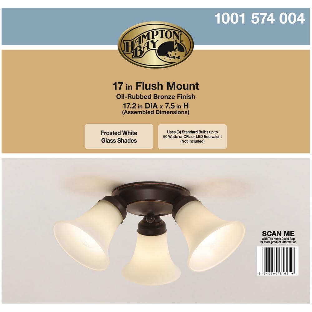 17.5 in. 3-Light Oil-Rubbed Bronze Flush Mount with Bell Shaped Frosted Glass Shades - Hercitys