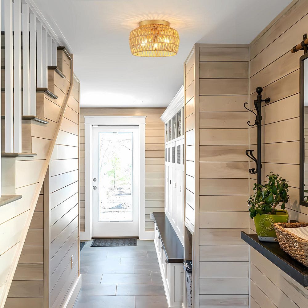 12.59 in. 3-Light Gold Rattan Semi Flush Mount Chandelier for Hallway Entryway Dining Room and No Bulbs Included - Hercitys