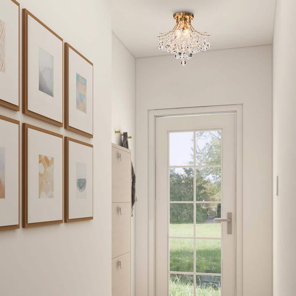 15.4 in. 3-Light Gold Crystal Chandelier Flush Mount Ceiling Light Fixture - Hercitys