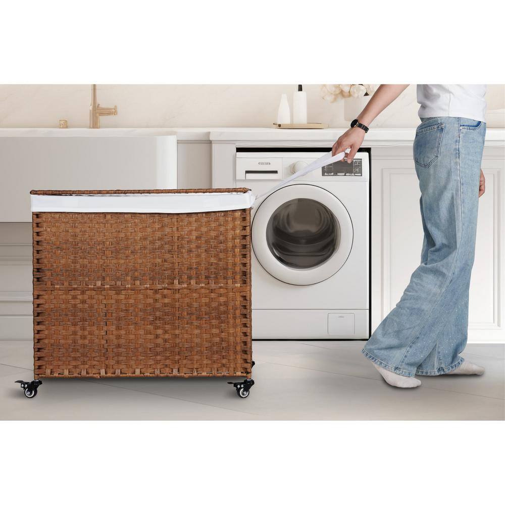 42.26 Gal. Brown Rattan Deck Box Laundry Hamper with Lid and 2 Removable Bags - Hercitys