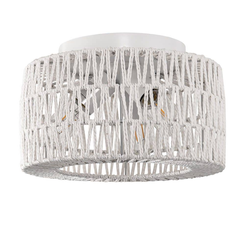 11.8 in. 3-Light White Semi Flush Mount Ceiling Light with Hand-Woven Cage Shade E26 Base (Bulbs Not Included) - Hercitys
