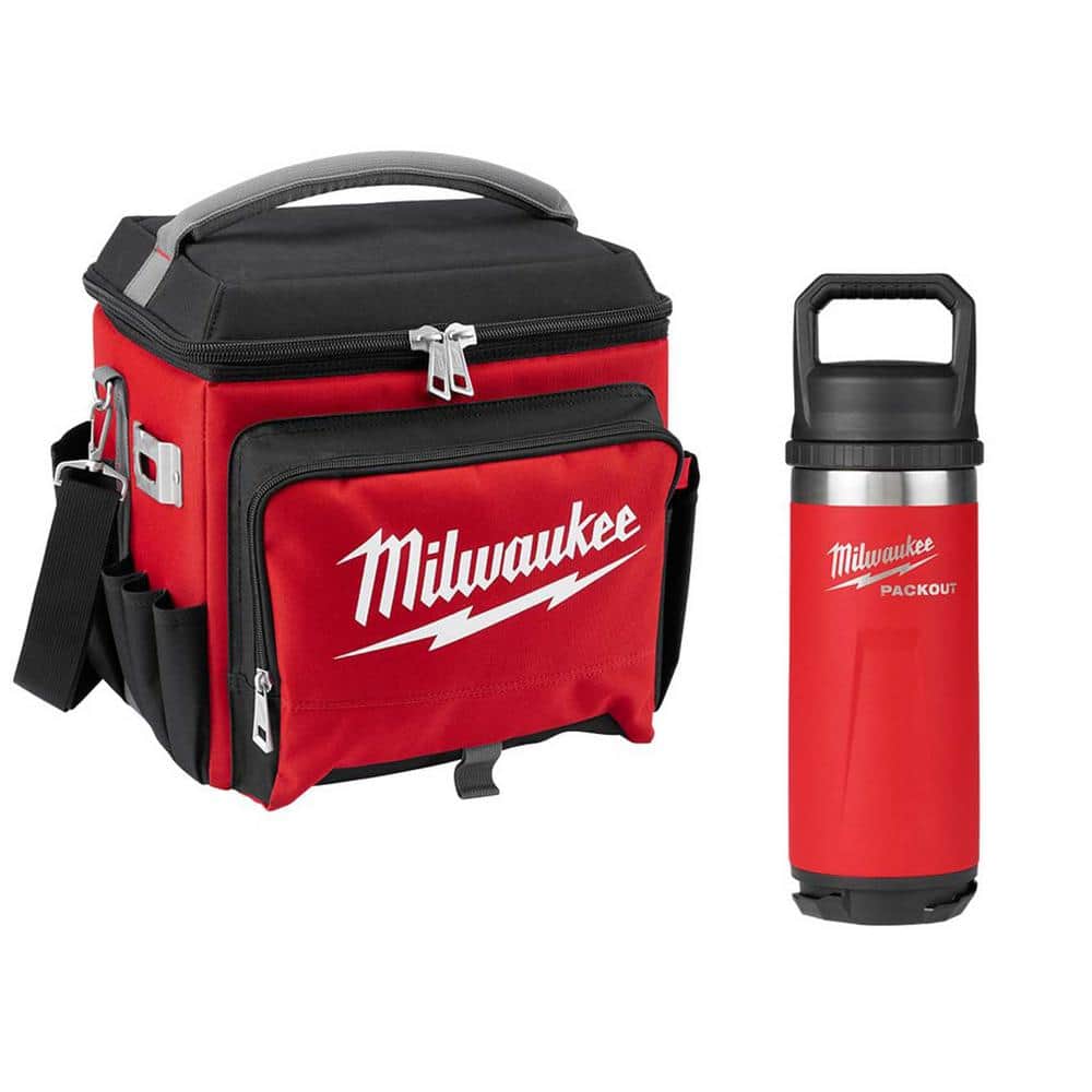 21 Qt. Soft Sided Jobsite Lunch Cooler with PACKOUT Red 18 oz. Insulated Bottle with Chug Lid - Hercitys
