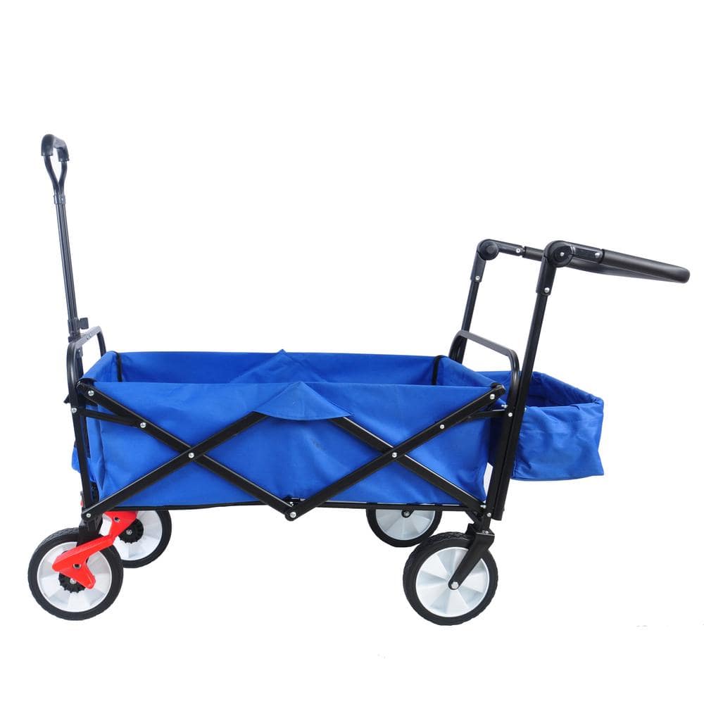 26 cu. ft. Heavy-Duty Folding Wagon Steel Garden Cart, Drink Holder, Adjustable Handles, Blue - Hercitys