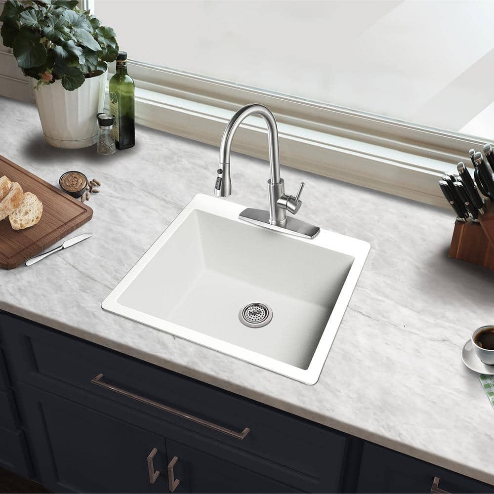 25 in. Drop-In/Undermount Single Bowl White Quartz Kitchen Sink - Hercitys