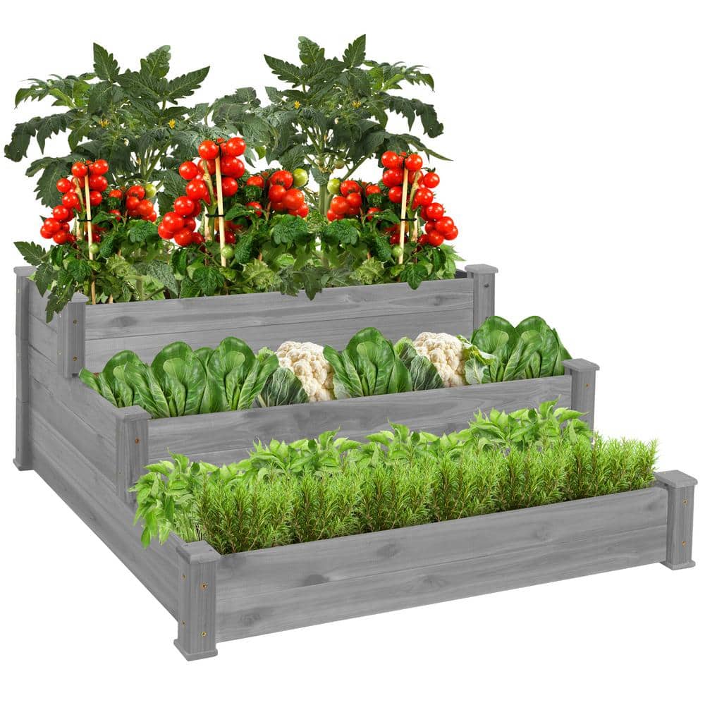 4 ft. x 4 ft. 3-Tier Wooden Raised Garden Bed Planter Kit for Plants, Vegetables, Outdoor Gardening – Gray - Hercitys