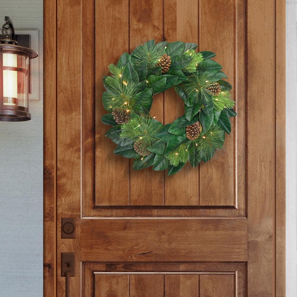 24 in. Green Prelit Magnolia Artificial Christmas Wreath with Pinecones - Hercitys
