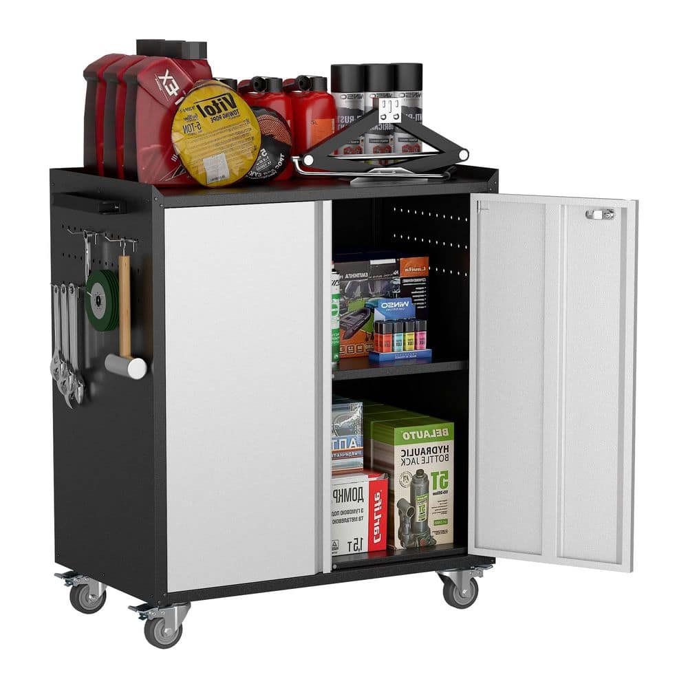 30.31 W x 35.33 in. H x 18.11 in. D Metal Rolling Tool Storage Cabinet, 2 Door Freestanding Cabinets in Black and Grey - Hercitys