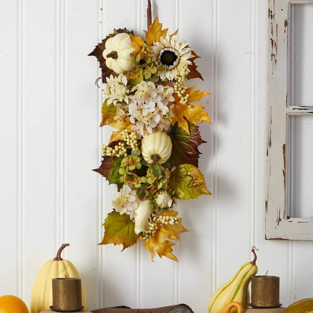33 in. Green Fall Sunflower, Hydrangea and White Pumpkin Artificial Autumn Teardrop - Hercitys