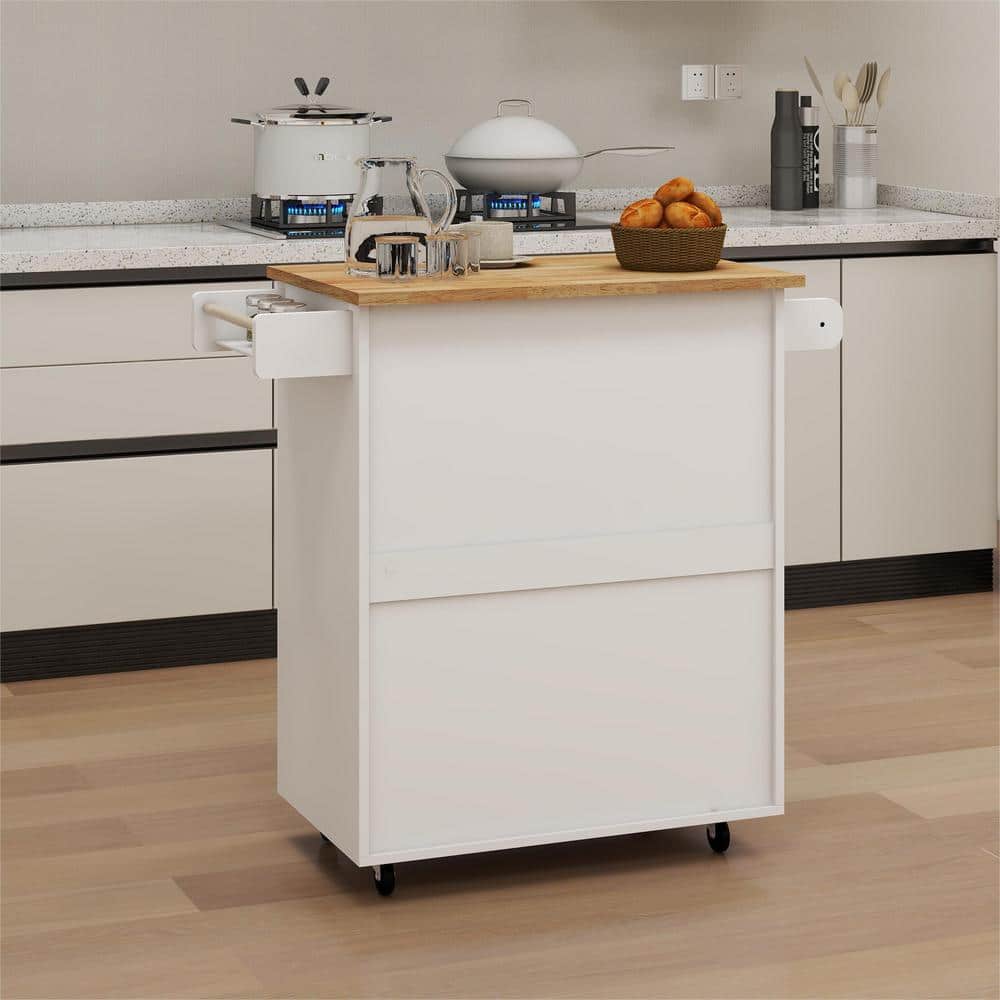 37.99 In. White Wood Kitchen Cart with Adjustable Shelves and Towel Rack Rubber Wood Table Top - Hercitys