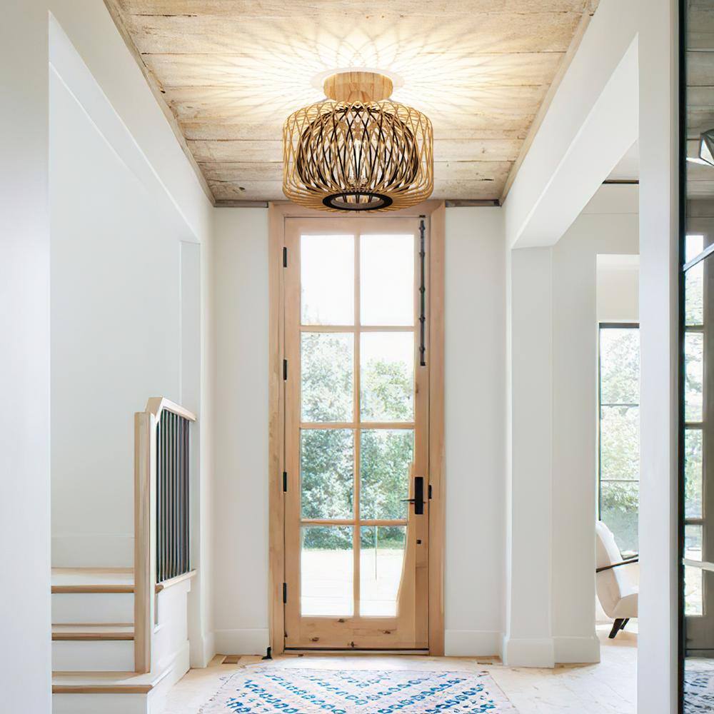 10.4 in. 1-Light Boho Bash Flush Mount with Handcrafted Bamboo Shade, Bulb Not Included, 1 Piece - Hercitys