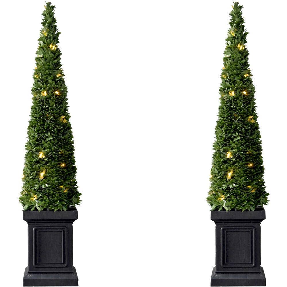 40 in. Christmas Boxwood Topiary Cones with Square Pots and Clear LED Lights (Set of 2) - Hercitys