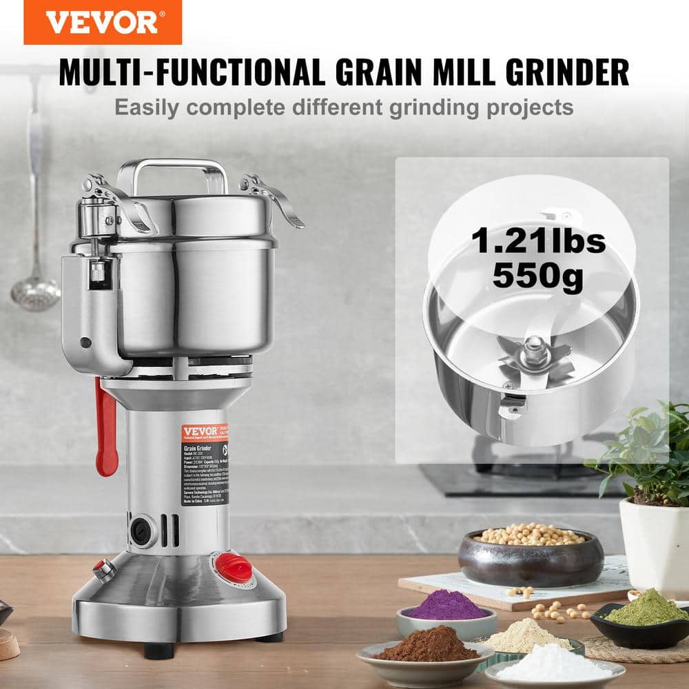 550g Electric Grain Mill Grinder, High Speed 2000-Watt Commercial Grinders, Stainless Steel Pulverize Powder Machine - Hercitys