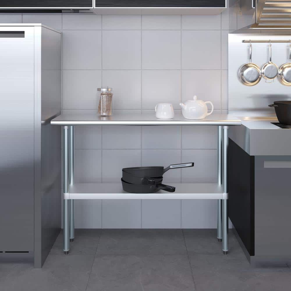 14 in. x 48 in. Stainless Steel Kitchen Utility Table with Adjustable Bottom Shelf - Hercitys