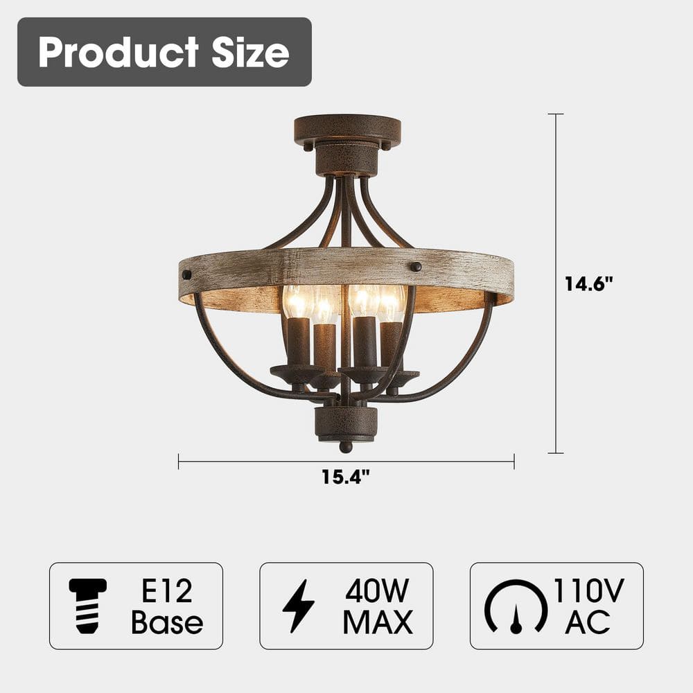 15.4 in 4-Light Bronze Industrial Semi-Flush Mount Ceiling Light Fixture - Hercitys