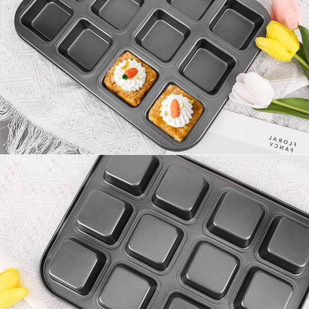 2-Piece Black Square Cupcake Brownie Pans, 12-Mini Cavity Non Stick Baking Pan, Bakeware Set with Dividers - Hercitys