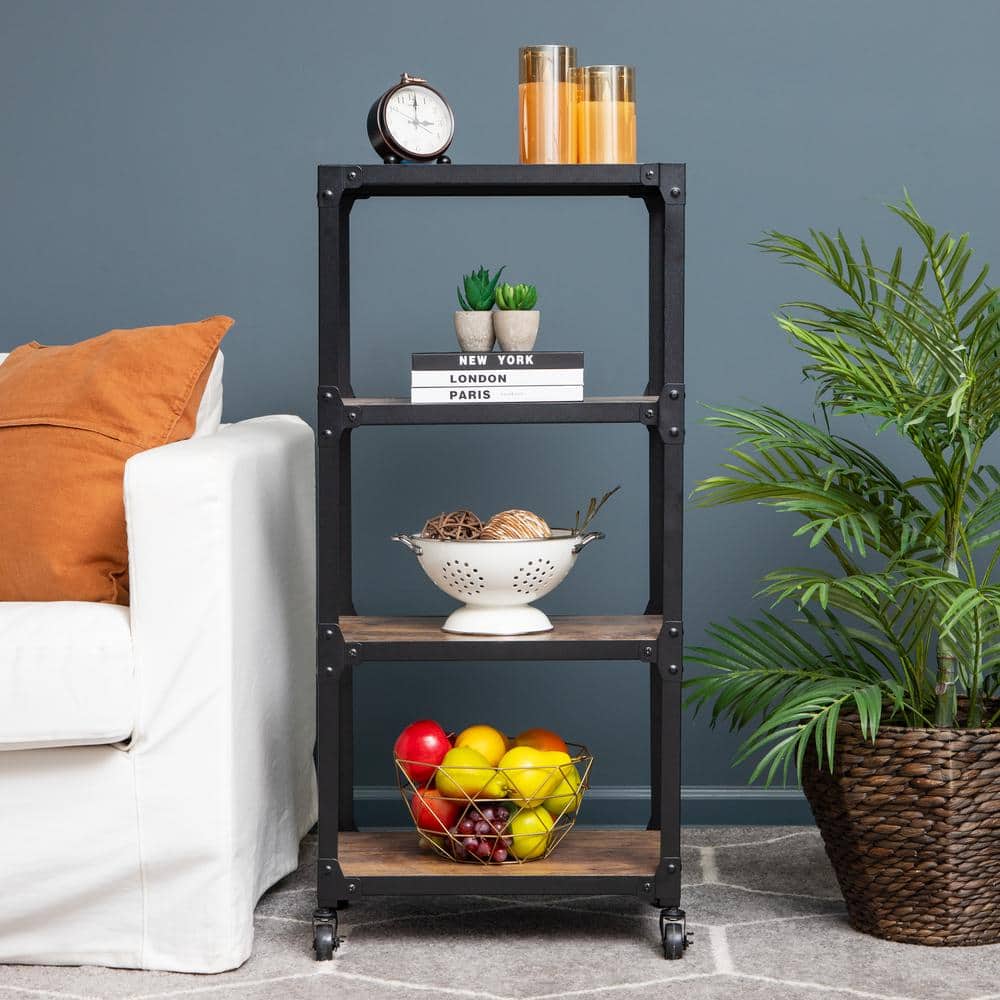 4-Tier Metal/Wood, 4-Wheeled Rolling Utility Cart Bar Cart in Black - Hercitys