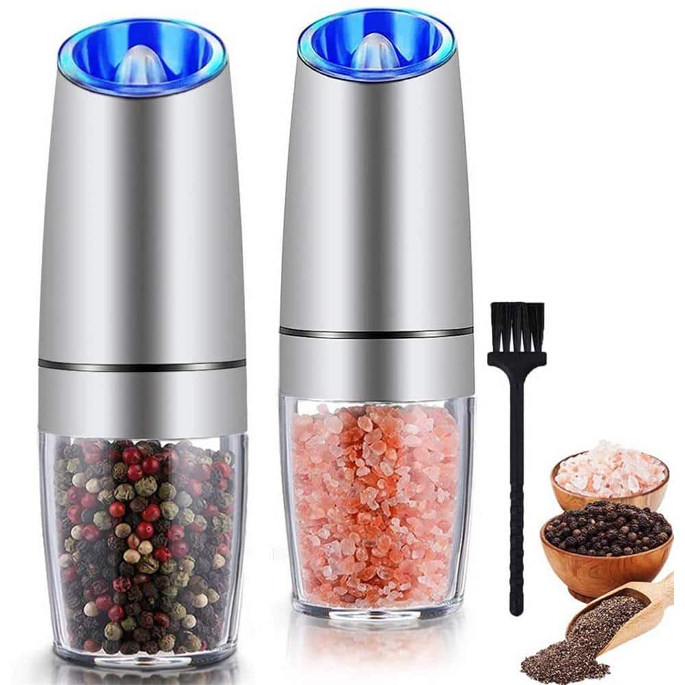 2-Pack Stainless Steel Black Gravity Electric Automatic Pepper and Salt Grinder Set; Battery Powered with LED Light - Hercitys