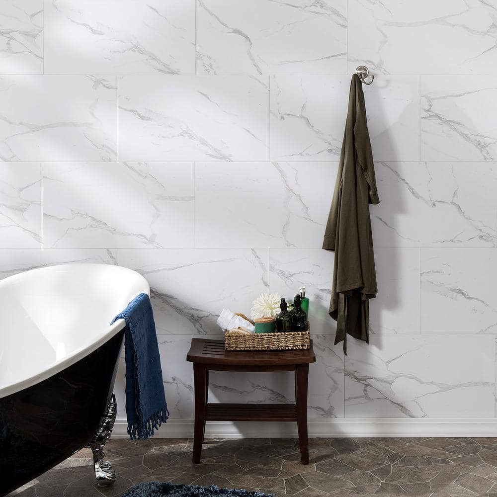 25.6 in. L x 14.8 in. W Carrara Marble No Grout Vinyl Wall Tile (21 sq. ft./case) - Hercitys