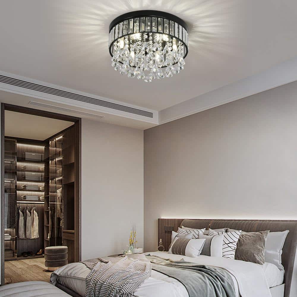 13.77 in. 6-Light Black Modern Round Flush Mount Ceiling Light with Clear Crystal Shade and No Bulbs Included - Hercitys