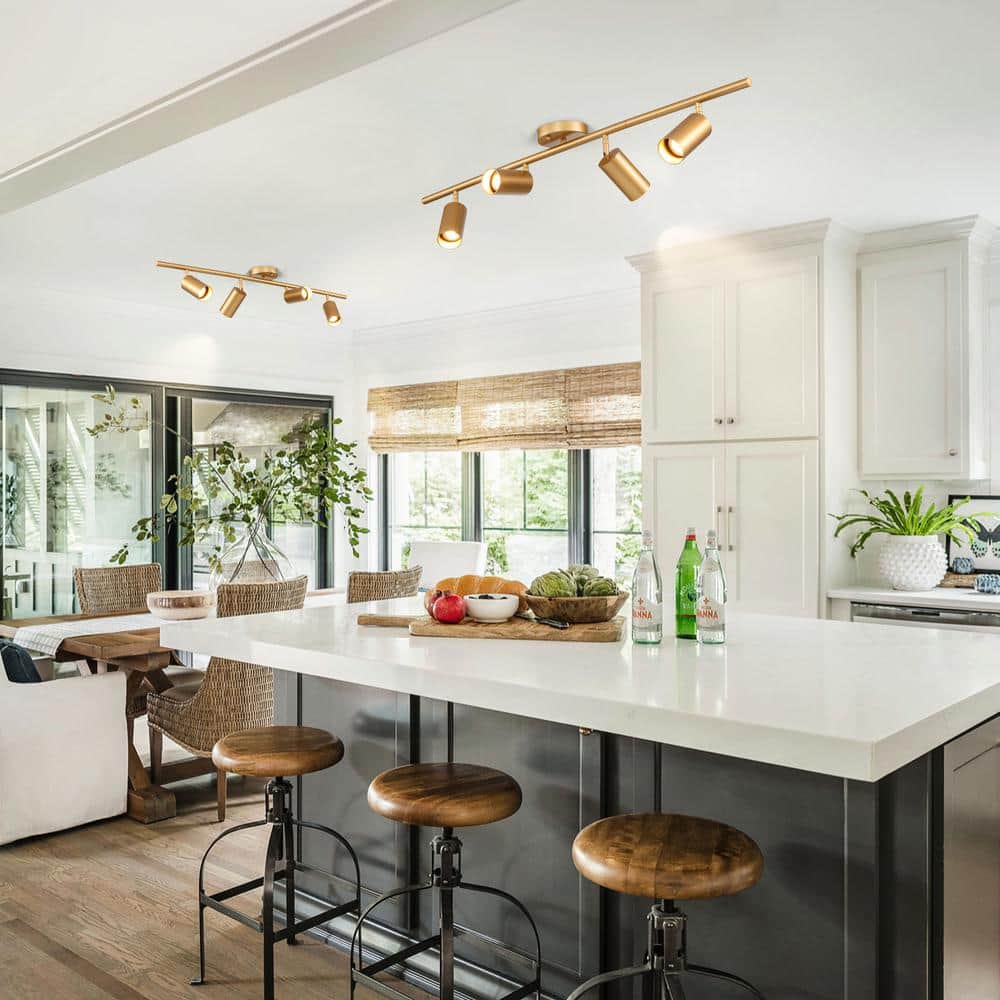 39.4 in. 4-Light Modern Gold Track Lighting Kit with Rotating Heads and Flush Mount Light - Hercitys