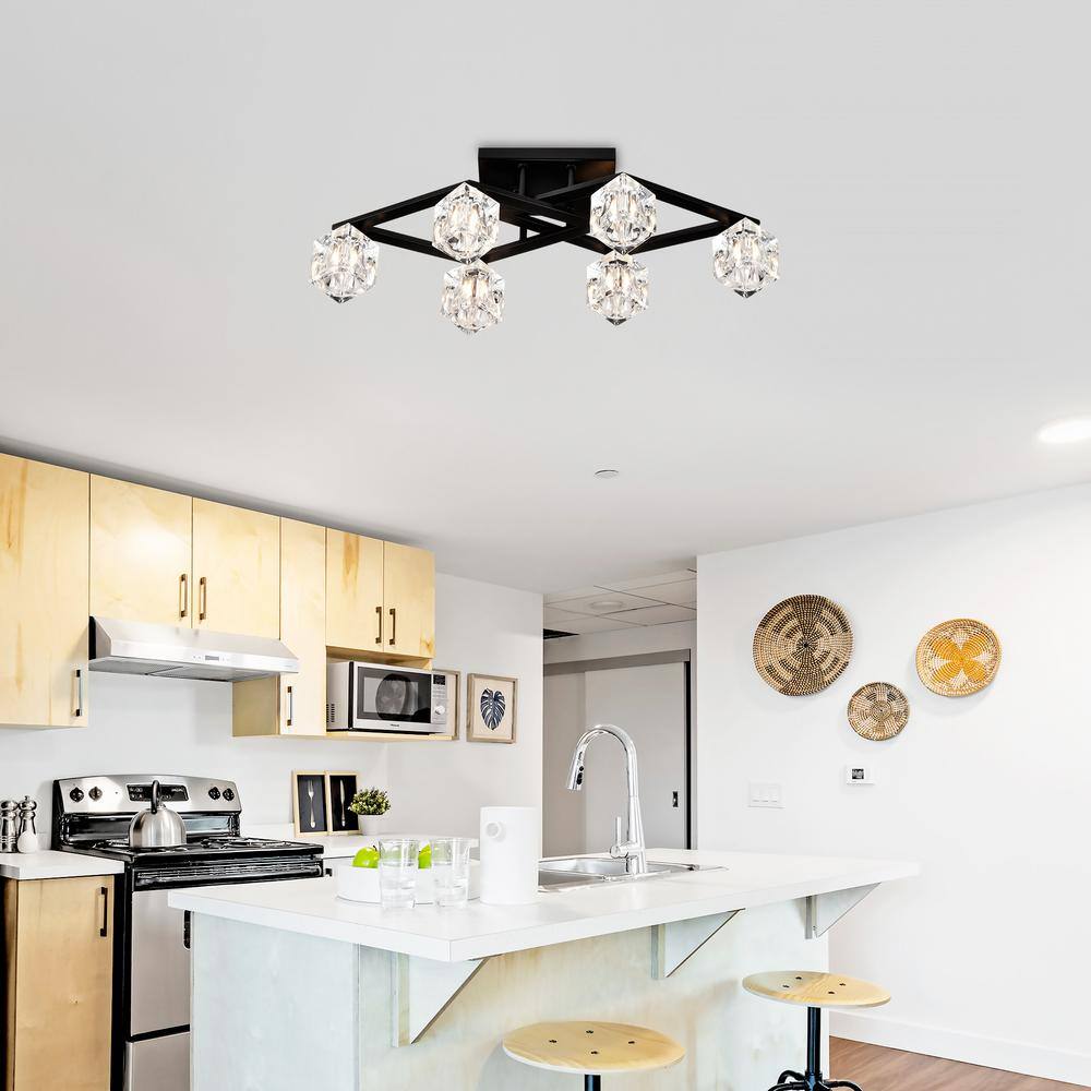 24.9 in. 6-Light Black Modern Semi-Flush Mount With Crystal Shade and 6-G9 Bulbs Included - Hercitys