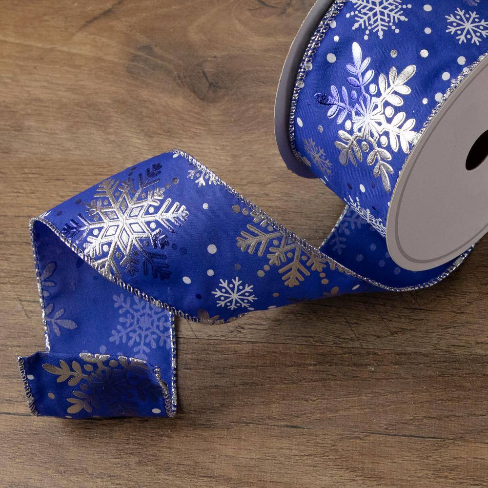 2.5 in. x 16 yds. Metallic Blue and Silver Snowflake Wired Craft Ribbon - Hercitys