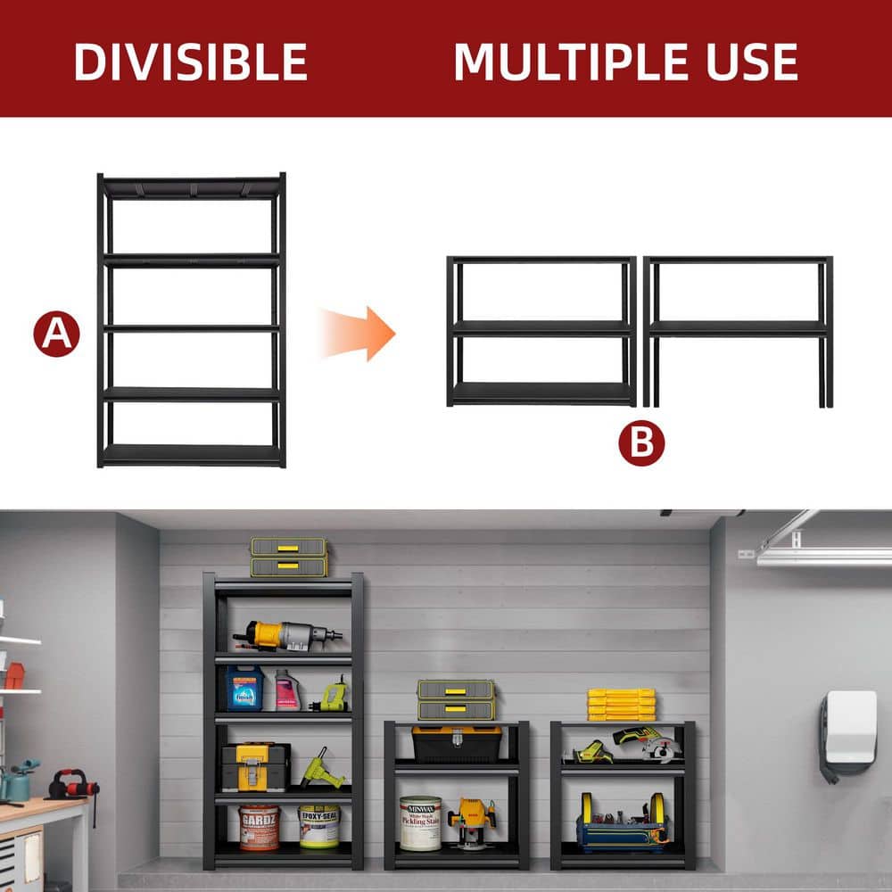 5-Tiers Steel Heavy Duty Adjustable Boltless Design Shelving Unit in Black (31.5 in. W x 63 in. H x 15.7 in. D) - Hercitys