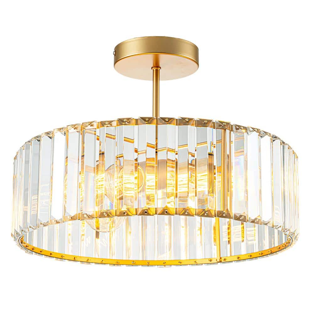 15 in. 3-Light Gold Crystal Semi Flush Mount Ceiling Light with Clear Glass Shade for Living Room No Bulbs Included - Hercitys