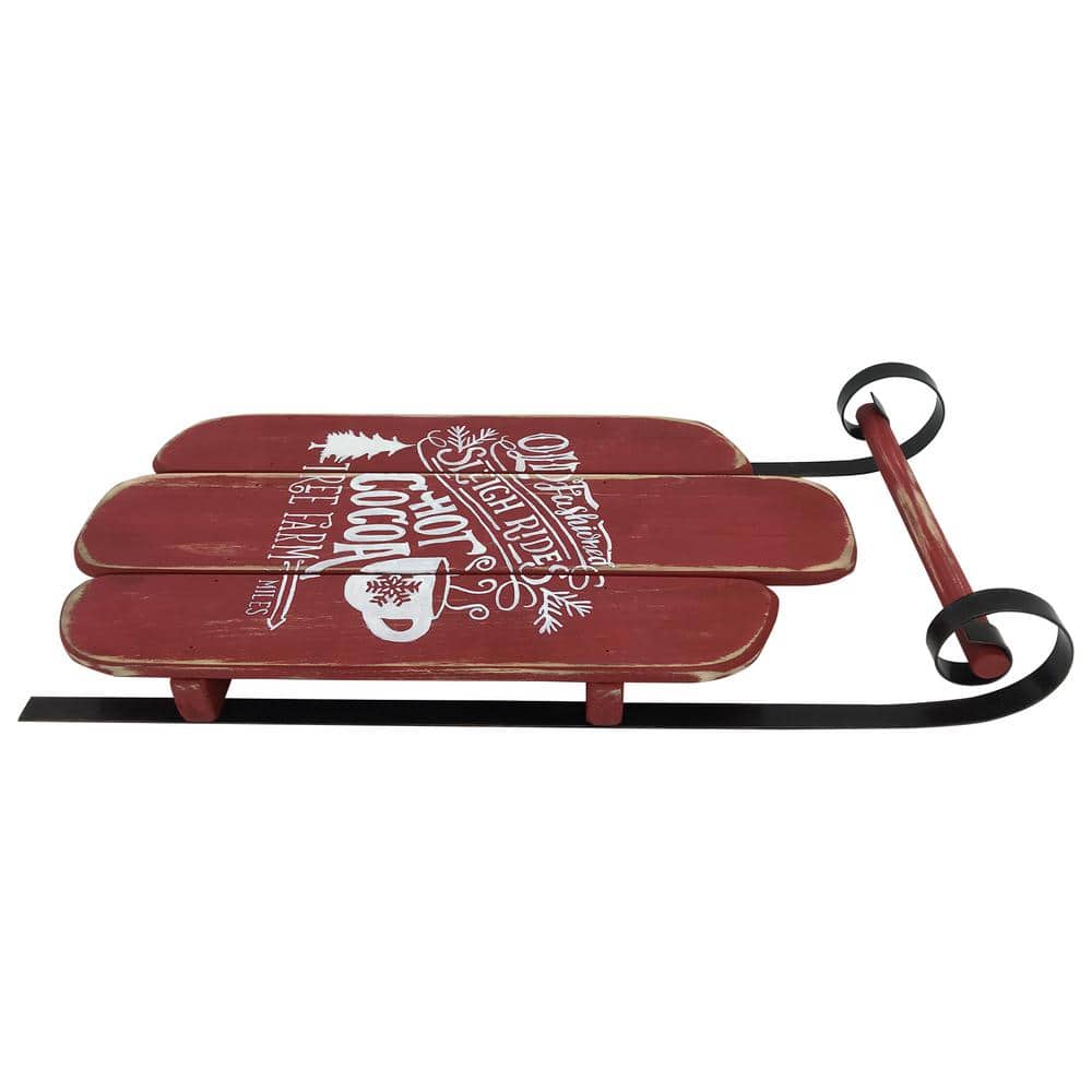 23 in. Red Wooden Reindeer Christmas Snow Sled Decoration - Hercitys