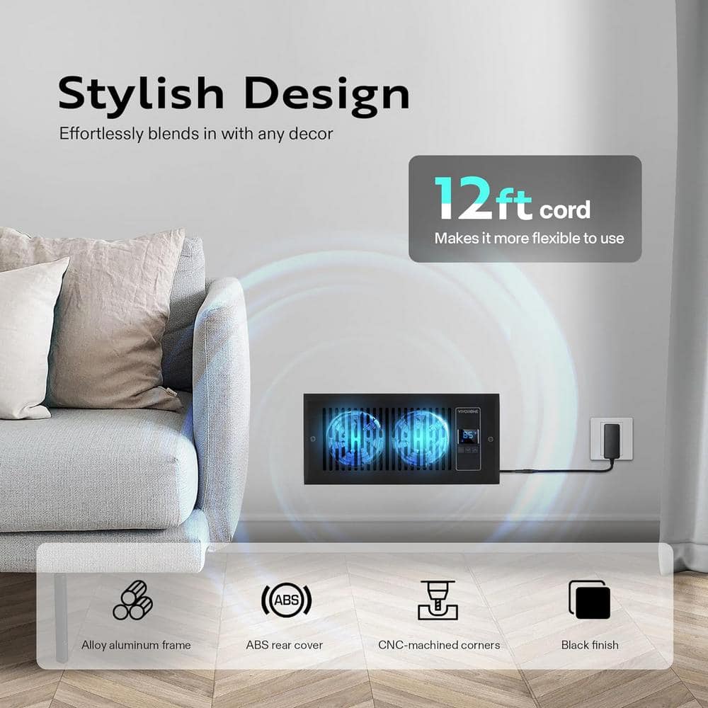 120 CFM Wall Mounted Quiet Smart Register Booster Fan with Thermostat Control in Black - Hercitys