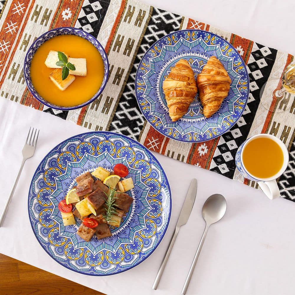 16-Piece Blue Porcelain Dinnerware Set Service for 4 Mandala Pattern Tableware Dining Set with Plates Bowls and Mugs - Hercitys