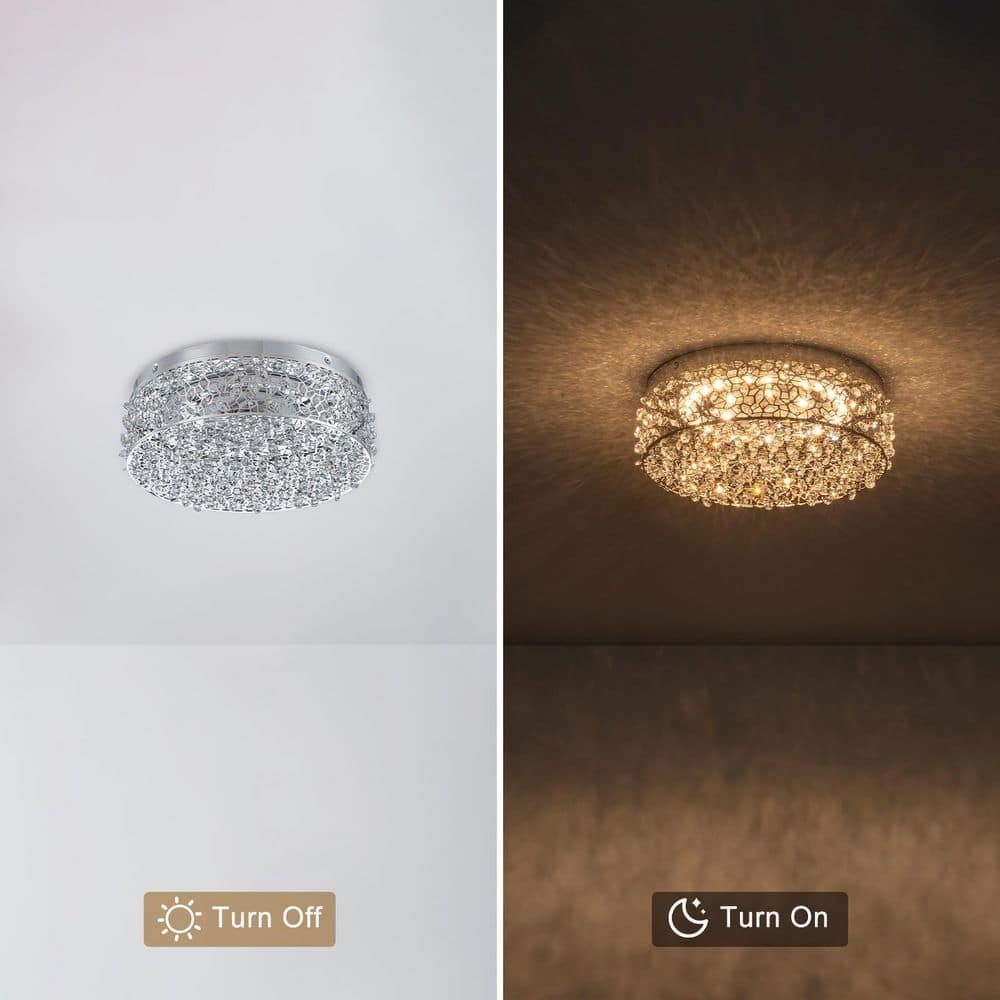 14.17 in. 20-Watt Modern Chrome Metal Round Integrated LED Flush Mount Ceiling Light with Beaded Drum Crystal Shade - Hercitys