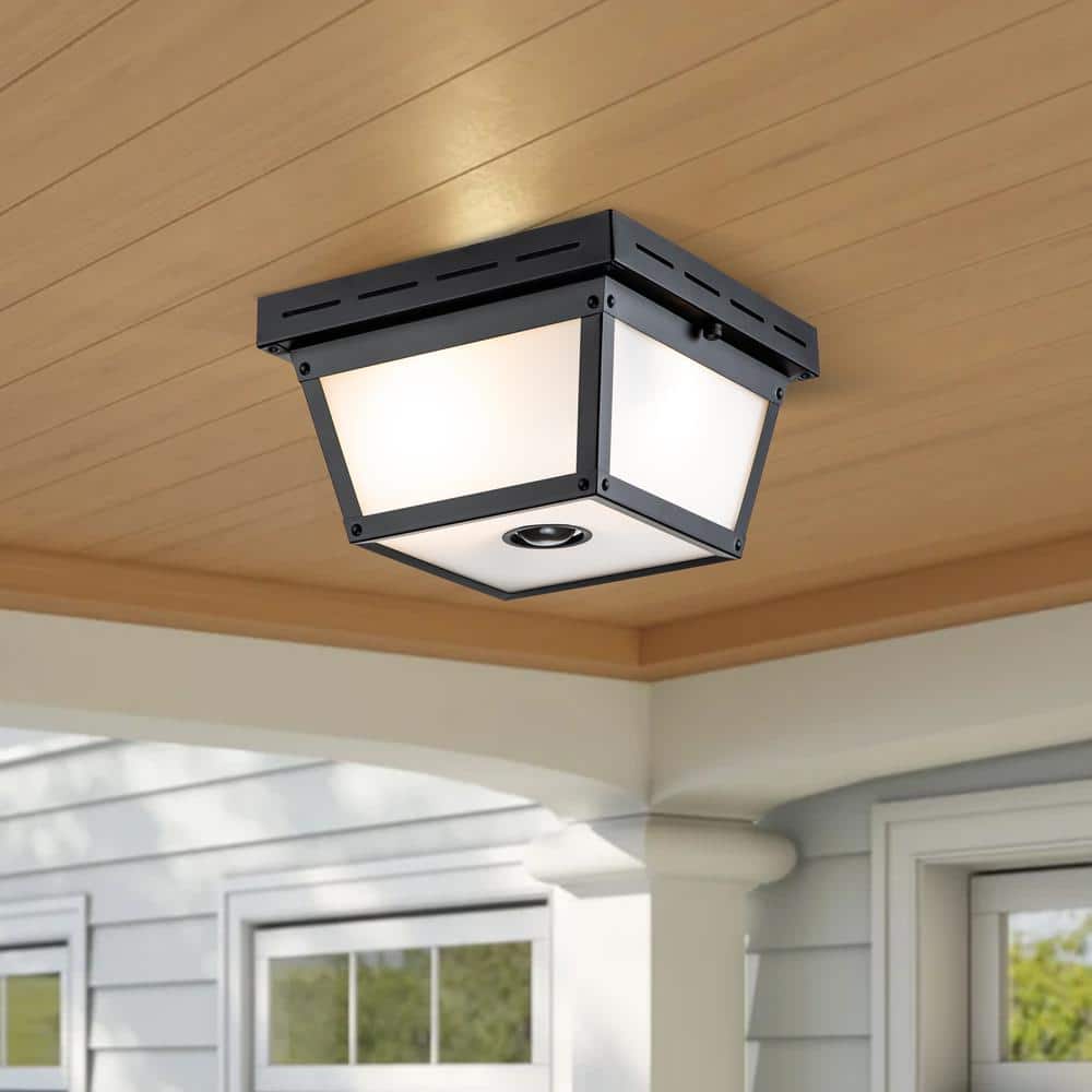 2-Light Matte Black Motion Sensing Outdoor Flush Mount Light with White Textured Glass - Hercitys