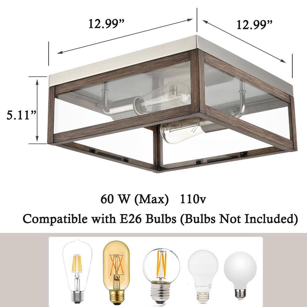 15.62 in. 2-Light Nickel Flush Mount with Clear Glass Shade and No Bulbs Included 1-Pack - Hercitys