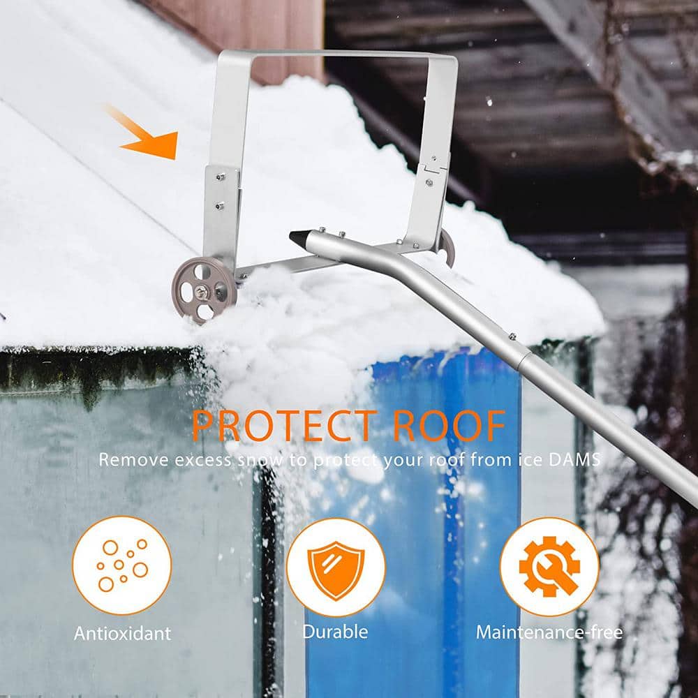 250 in. L Aluminium Handle Snow Removal Roof Rake with Wheels and Adjustable Extended Handle - Hercitys